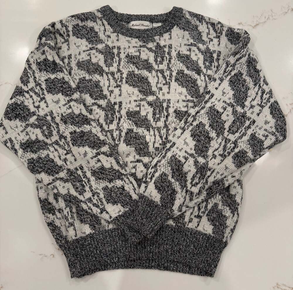 Vintage 90s Michael Gerald Abstract Knit Sweater Made in Korea Black Cream Overs